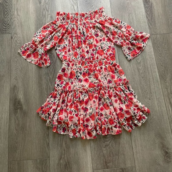 MISA LOS ANGELES RED FLORAL OFF THE SHOULDER MINI SUMMER SUN DRESS SIZE MEDIUM - Picture 3 of 6
